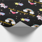 Zwart Schattige Regenboog Eenhoorn Star Magical Cadeaupapier (Hoek)