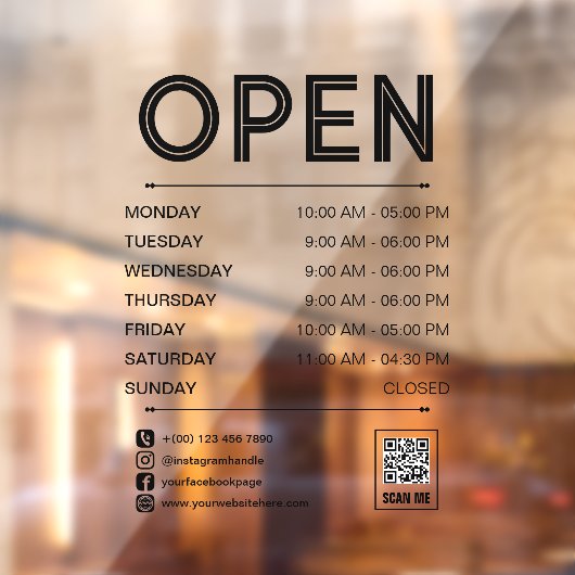 Zwart Schoon Praktisch Openingsuren Qr Code Raamsticker (Vel 2)