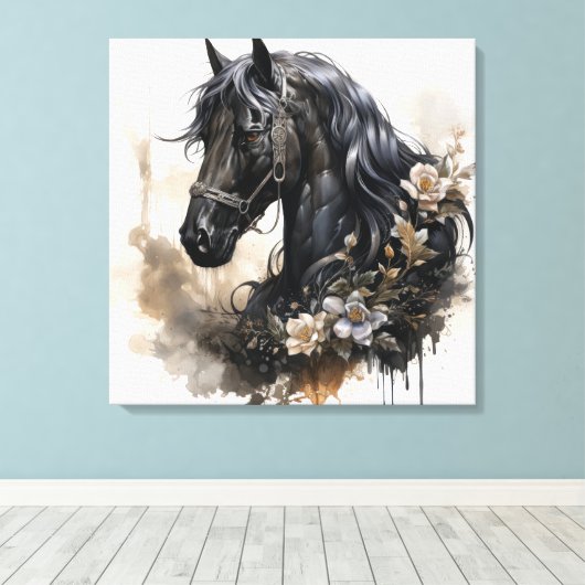 Zwart schoonheid paard portret canvas afdruk (Insitu (Houten vloer))