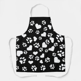 Zwart Schort met White Paw Prints & Heart Pattern