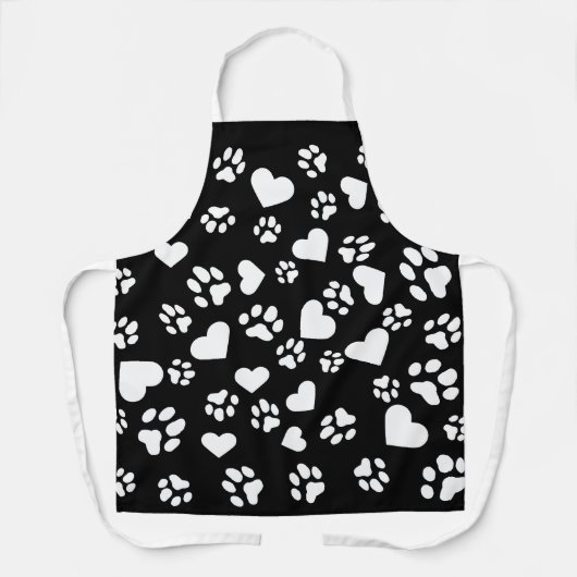 Zwart Schort met White Paw Prints & Heart Pattern (Voorkant)