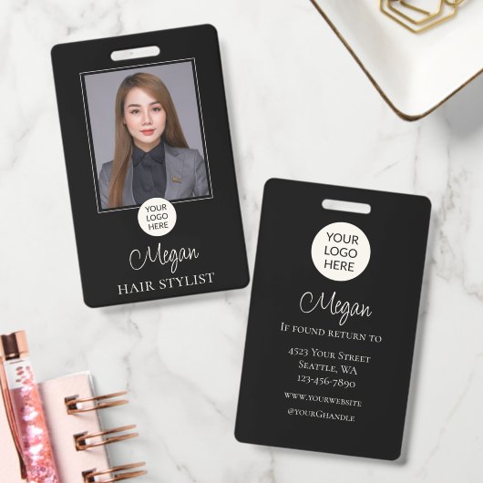 Zwart Schrift Logo Foto Kapper Badge (Kantoor)