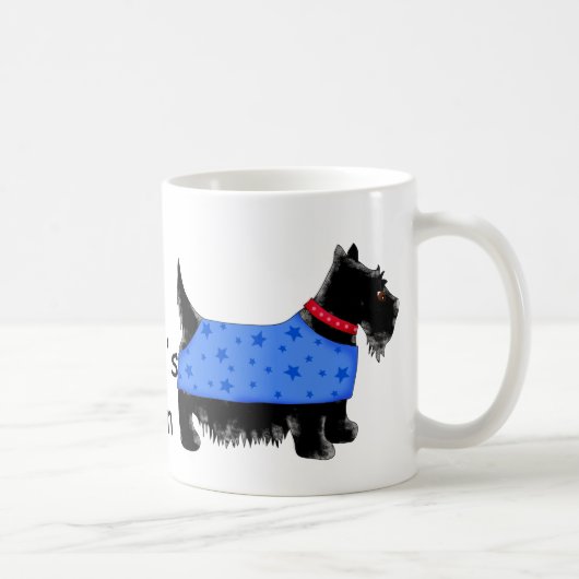 Zwart Scottie Hond Blauwe Jas Naam Gepersonaliseer Koffiemok (Rechts)