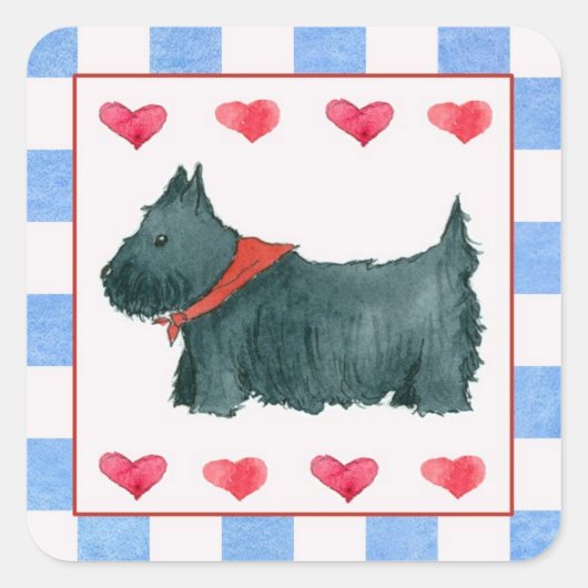 Zwart Scottie Hond Rood Wit Blauw Patriottisch Vierkante Sticker (Voorkant)