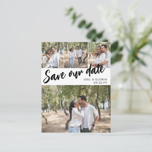 Zwart script 4 Foto's Weddenschap opslaan Onze dat Aankondigingskaart (Staand voorkant)