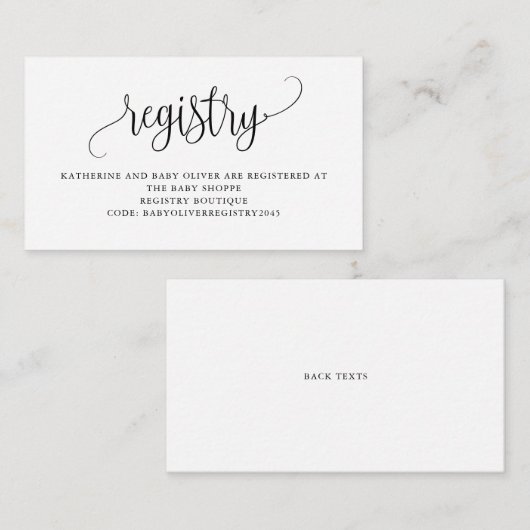 Zwart  Script Baby shower Registry Informatiekaartje (Voorkant / Achterkant)