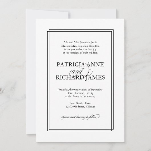 Zwart Script Eenvoudig Elegant Formele Bruiloft Kaart (Voorkant)