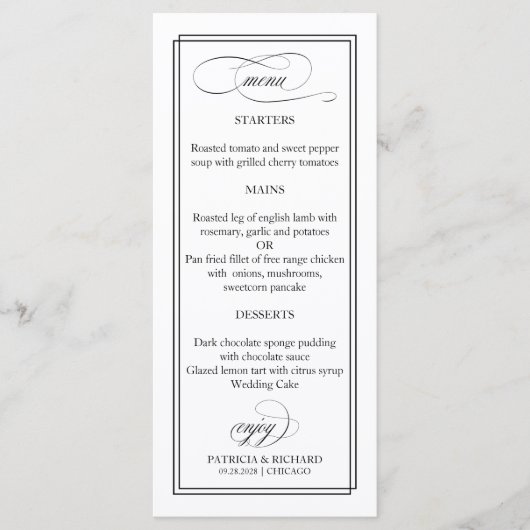 Zwart Script Elegant 4x9 Bruiloft Menu (Voorkant)