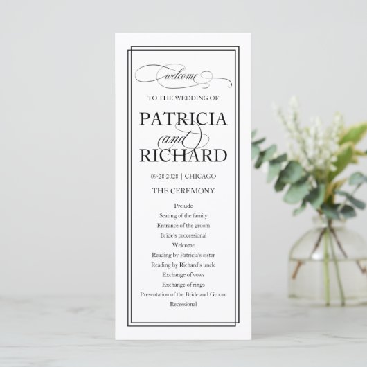 Zwart Script Elegant Huwelijksceremonie Programma Programmakaart (Staand voorkant)