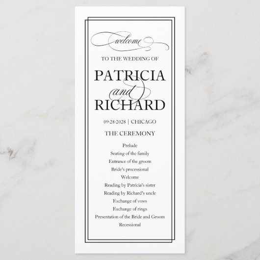 Zwart Script Elegant Huwelijksceremonie Programma Programmakaart (Voorkant)
