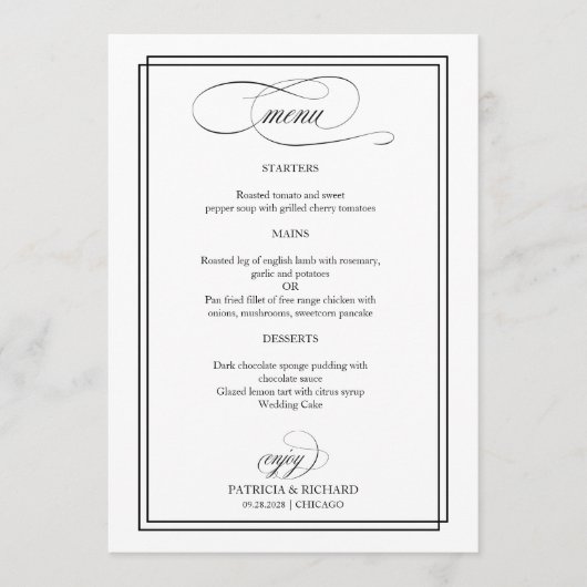 Zwart Script Elegant Wedding Menu (Voorkant)