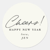 Zwart Script Font Cheers! Gelukkig Nieuwjaar Ronde Sticker (Voorkant)
