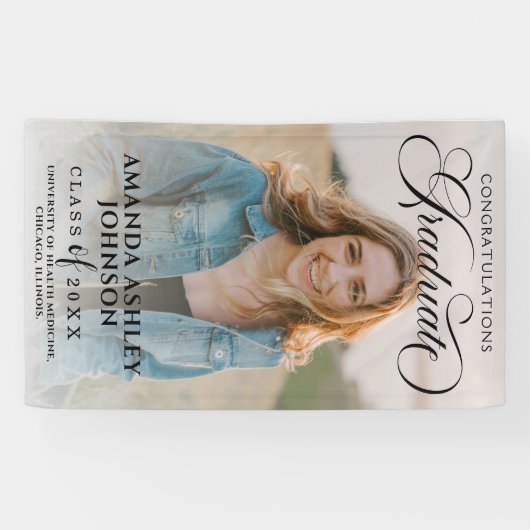 Zwart Script Gefeliciteerd Foto Afstuderen Spandoek (Horizontaal)