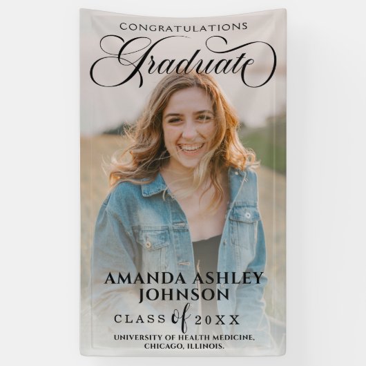 Zwart Script Gefeliciteerd Foto Afstuderen Spandoek (Verticaal)