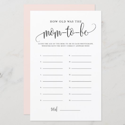 Zwart script hoe oud ze was Baby shower game (Voorkant / Achterkant)