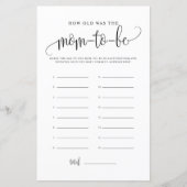 Zwart script hoe oud ze was Baby shower game (Voorkant)