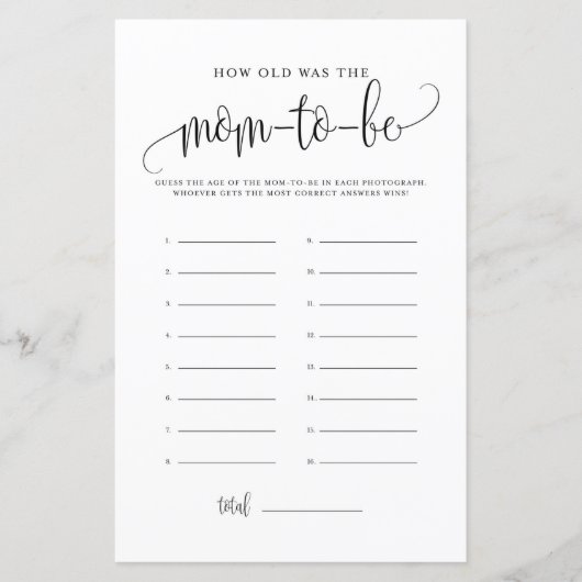 Zwart script hoe oud ze was Baby shower game (Voorkant)