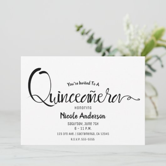 Zwart Script Modern Minimal Quinceañera Quince 15 Kaart (Staand voorkant)