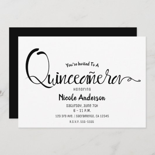 Zwart Script Modern Minimal Quinceañera Quince 15 Kaart (Voorkant / Achterkant)