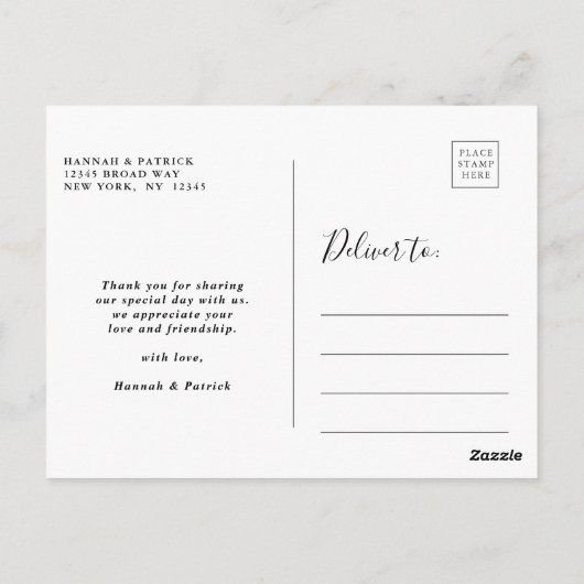 Zwart Script Moderne bruiloft Dank u Foto Briefkaart (Achterkant)