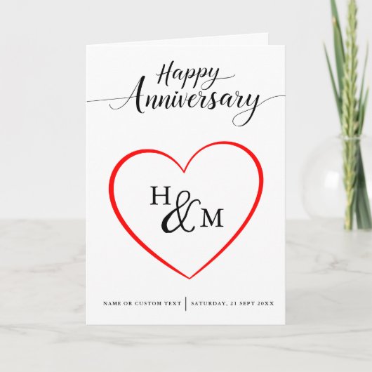 Zwart Script Monogram Hart Gelukkig Jubileum Kaart (Voorkant)