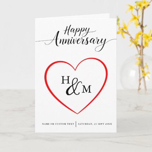 Zwart Script Monogram Hart Gelukkig Jubileum Kaart (Gele Bloem)