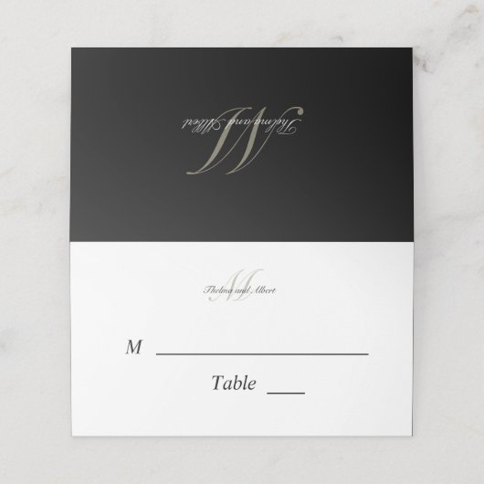 Zwart Script Monogram met Namen Place Card Plaatskaartje (Buitenkant ongevouwen)
