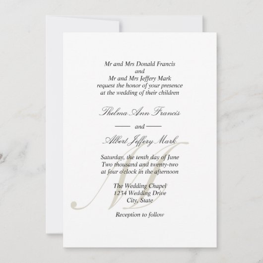 Zwart Script Monogram Ouders Bruiloft Uitnodiginge Kaart (Voorkant)