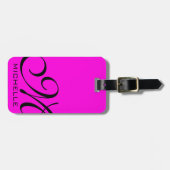 Zwart script monogrammen roze bagagelabel (Voorkant horizontaal)
