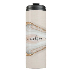 Zwart Script Naam op Marmer & Goud Glitter 2 Thermosbeker
