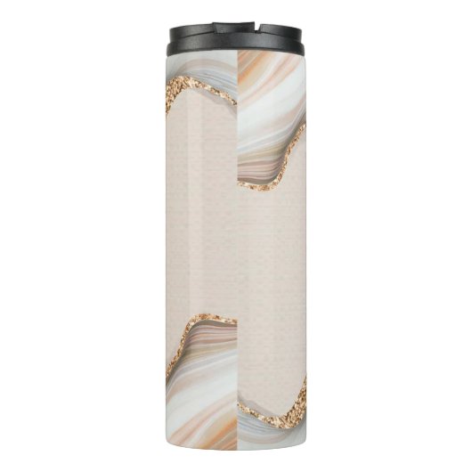 Zwart Script Naam op Marmer & Gouden Glitter Thermosbeker (Achterkant)