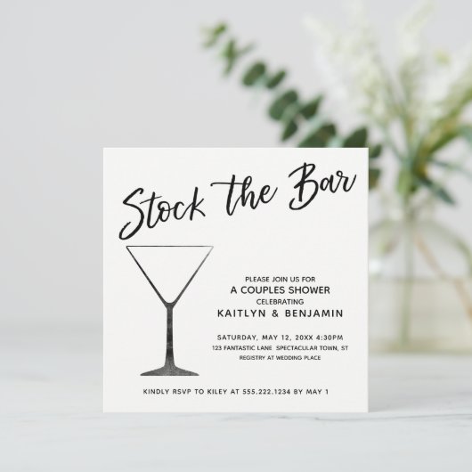 Zwart Script op wit Stock de Bar Couples Douche Kaart (Staand voorkant)