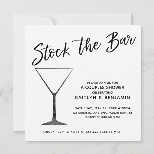 Zwart Script op wit Stock de Bar Couples Douche Kaart (Voorkant)