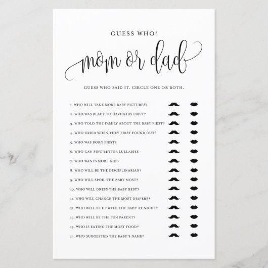 Zwart script raad wie Baby shower van mama of papa (Voorkant)
