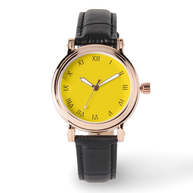 Zwart Script Roman Numbers op Yellow Wacant Horloge (Voorkant)