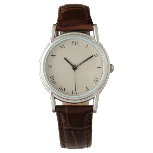 Zwart Script Romeinse cijfers op Beige wacnt Horloge (Voorkant)