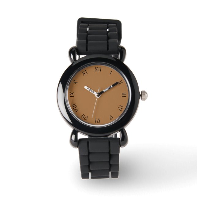 Zwart Script Romeinse cijfers op bruin wacnt Horloge (Voorkant)