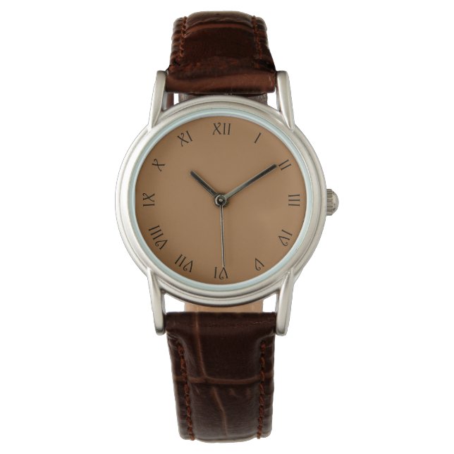 Zwart Script Romeinse cijfers op bruin wacnt Horloge (Voorkant)