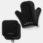 Zwart script | Stijlvol Monogram Modern Ovenwant & Pannenlap Set (Voorkant / Achterkant)