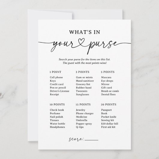 Zwart Script Wat zit er in je tas Baby shower spel Kaart (Voorkant)