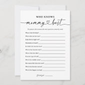 Zwart Script Wie weet mama beste Baby shower spel Kaart (Voorkant)