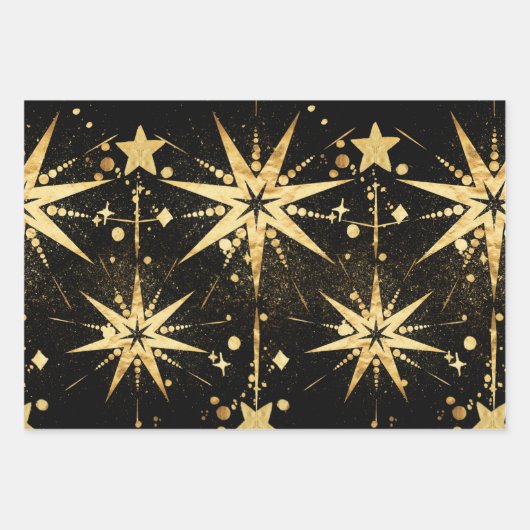 Zwart & Shimmering Gold Starbursts & Stardust Inpakpapier Vel (Voorkant)