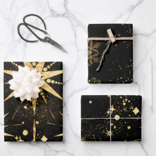 Zwart & Shimmering Gold Starbursts & Stardust Inpakpapier Vel