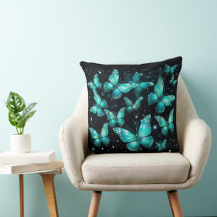 Zwart Sierkussen met Blauwgroen vlinders