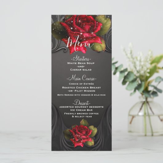 Zwart  Sierrood Rozen Trouwmenu Menu (Staand voorkant)