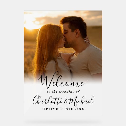 Zwart Signature Script Foto Bruiloft Welkom Acryl Bord (Voorkant)