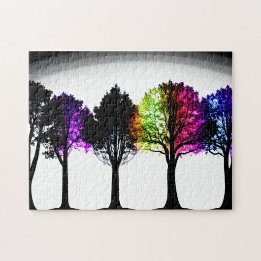 Zwart Silhouet Bomen met Gekleurd Bladgroen Legpuzzel (Horizontaal)