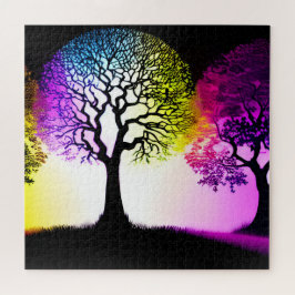 Zwart Silhouet Bomen met Levendige Kleuren Legpuzzel