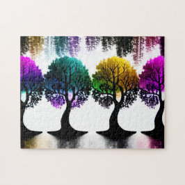Zwart Silhouet Bomen met Pastel Kleur Bladgroen Legpuzzel