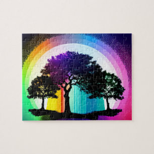 Zwart Silhouet Bomen met Rainbow Achtergrond Legpuzzel